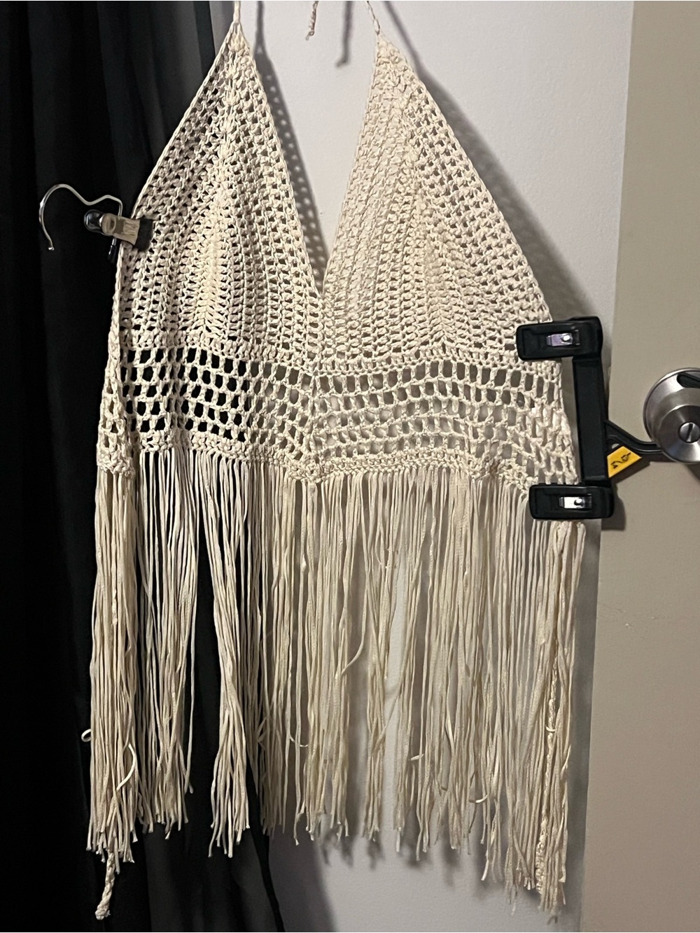 SHEIN Curve Crochet Fringe Open-Knit Cardigan Cream